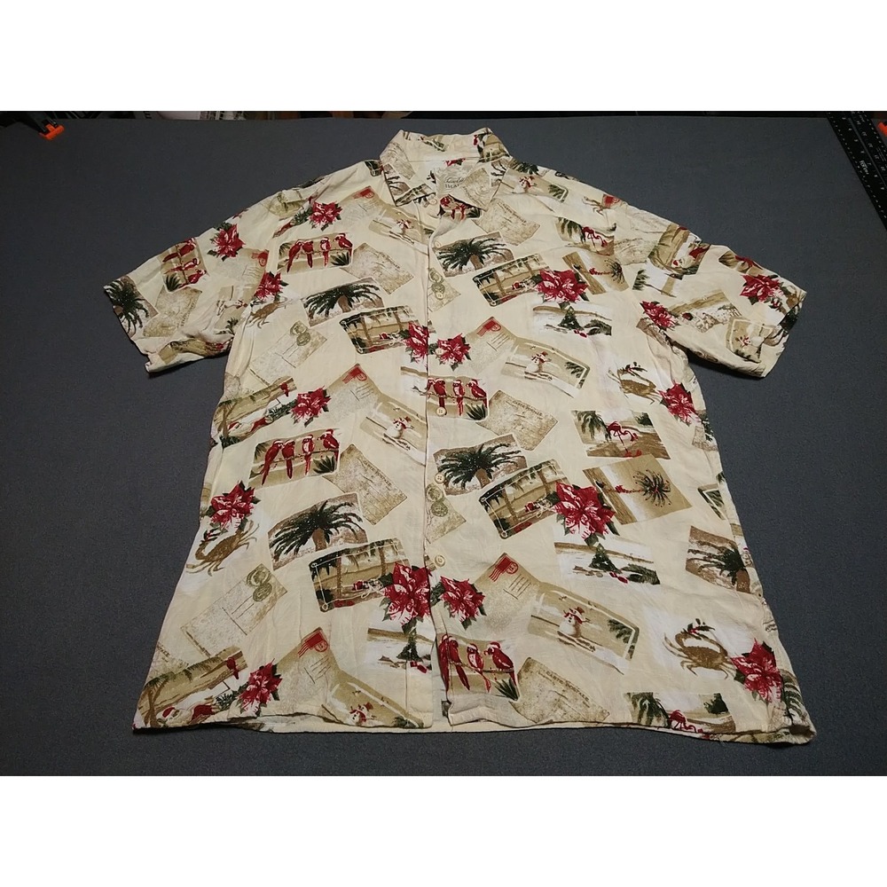 Tasso Elba Island Shirt Men L Cream/Red Christmas Holiday Short Sleeve Button Up